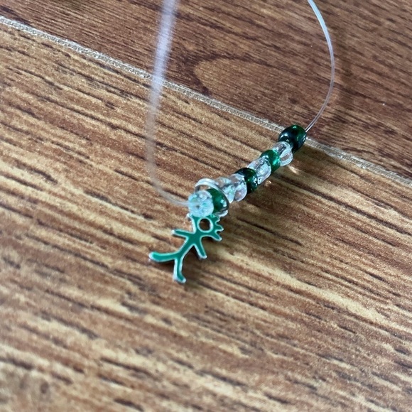 Handmade green glass beads and stickman charm clear necklace - Picture 2 of 3